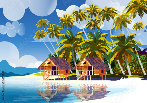 Canvas Print Polynesia Tropical Beach Landscape with traditional houses and palm trees