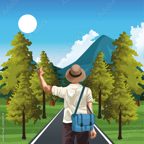 beautiful way with nature trees and mountains and traveler man with hat and bag