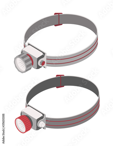 Headlamps or headlights, flashlight head light lamp torch, isolated on white background. Set of isometric vector icons.