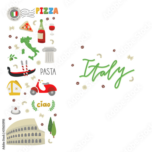 Italy decorative card with different travel icons and italian symbols. Vector illustration set with architecture landmarks, food and cute elements