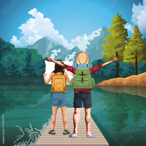 Beautiful lake and mountains landscape with traveler woman and man standing
