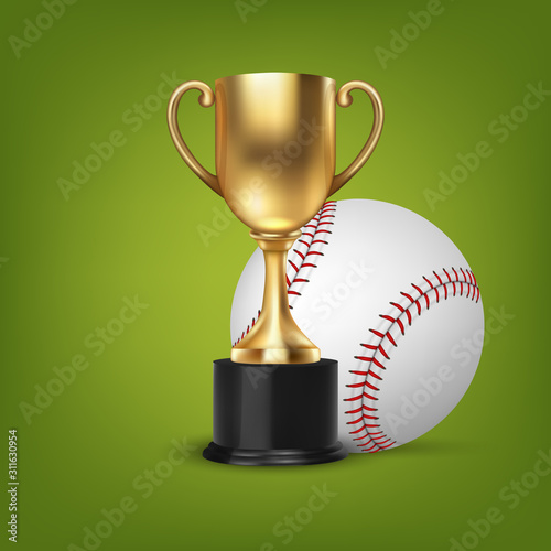 Realistic Vector 3d Blank Golden Champion Cup Icon wirh Baseball Set Closeup on Green Background. Design Template of Championship Trophy. Sport Tournament Award, Gold Winner Cup and Victory Concept