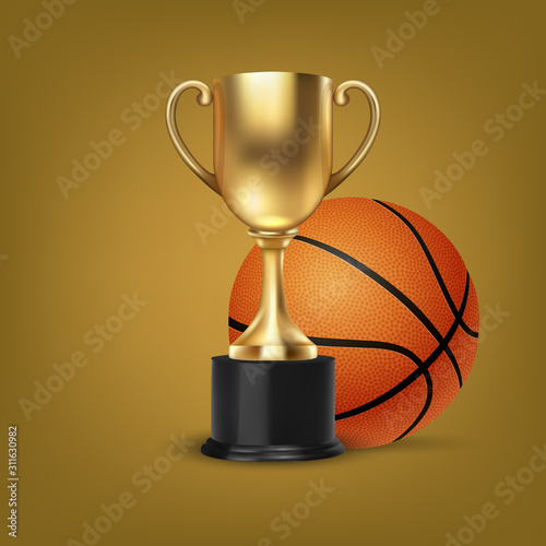 Realistic Vector 3d Blank Golden Champion Cup Icon wirh Basketball Set on Orange Background. Design Template of Championship Trophy. Sport Tournament Award, Gold Winner Cup and Victory Concept