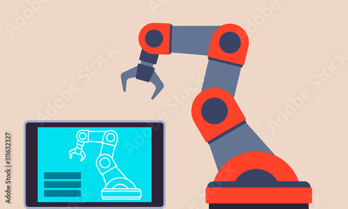 Industrial robot arm and tablet. Programming Robotic Systems. Vector illustration