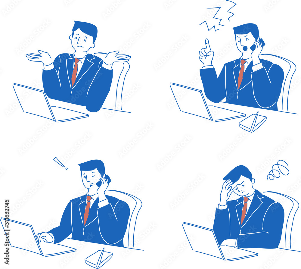 オフィスデスクで仕事中の会社員 ネガティブシーンの表情やジェスチャー別のセットイラスト Stock ベクター Adobe Stock