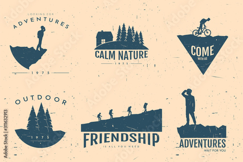 Isolated vector aged logotypes set with text. Art vintage style with old photography scratches effect. Adventure tourism concept. Man looks at valley from the hill. Hiking with friends and biking. 