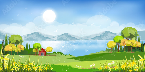 Vector illustration of beautiful morning in spring field landscape with green hills,lake,barn with blue sky and clouds,Flat cartoon style  background for spring and summer banner