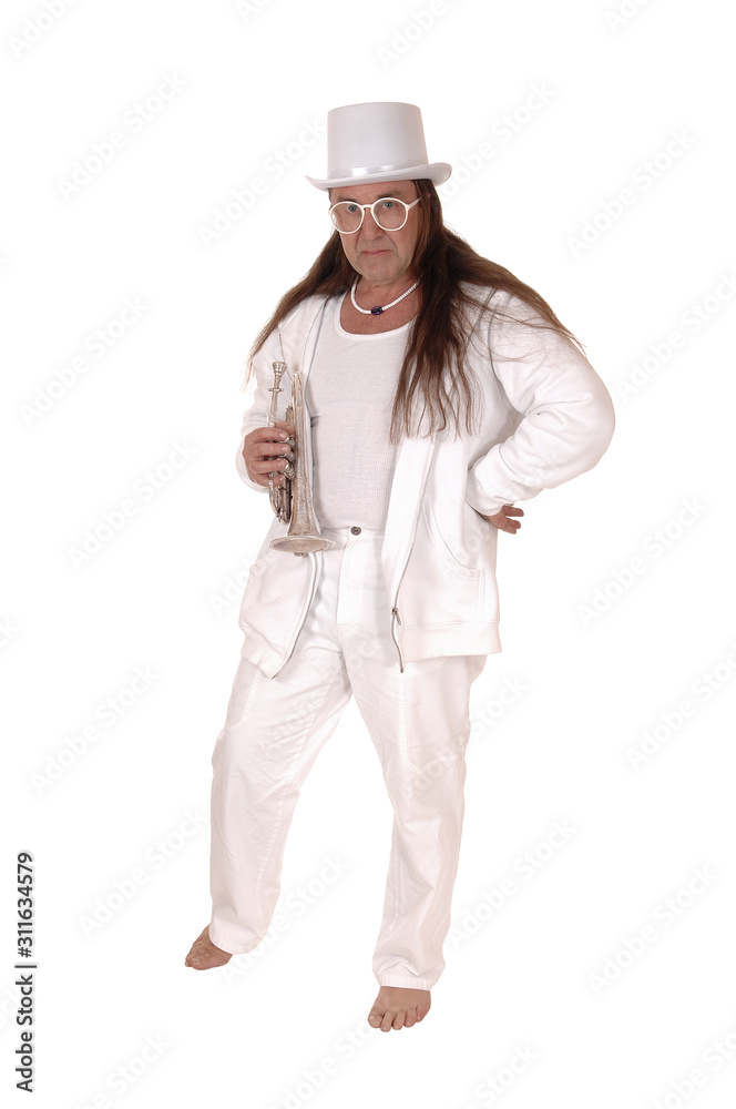 A trumpet player standing in a white outfit and hat A trumpet player standing in a white outfit and hat