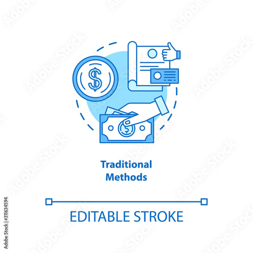 Traditional payment methods turquoise concept icon. Payment with physical money idea thin line illustration. Cash and coins. Cheque. Currency. Vector isolated outline drawing. Editable stroke