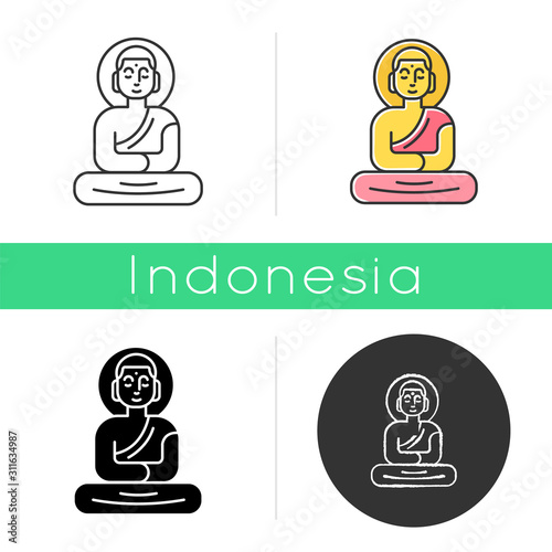 Buddha statue icon. Sitting meditation in lotus pose. Symbol of peace and harmony. Oriental religious sculpture. Linear, black, chalk and color styles. Isolated vector illustrations