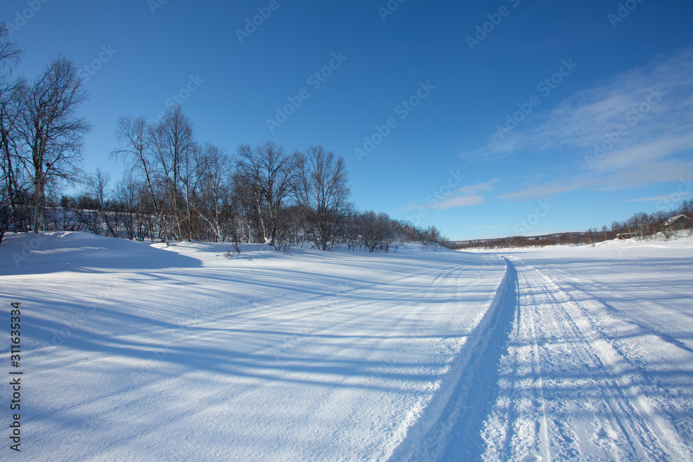Track for winter sports. Road for snowmobiles, dog sledding and skiing. Winter sunny northern landscape. Norway Track for winter sports. Road for snowmobiles, dog sledding and skiing. Winter sunny northern landscape. Norway
