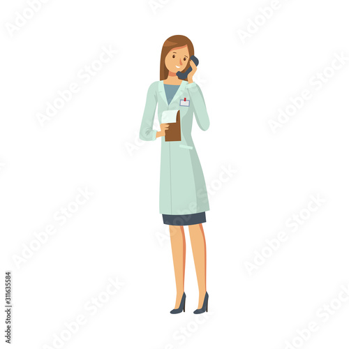 Woman administrator talking by phone at work vector illustration