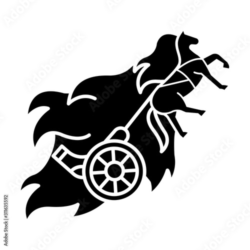Chariot of fire Bible story glyph icon. Religious legend. Christian religion, holy book scene plot. Biblical narrative. Silhouette symbol. Negative space. Vector isolated illustration