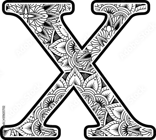 capital letter x with abstract flowers ornaments in black and white. design inspired from mandala art style for coloring. Isolated on white background