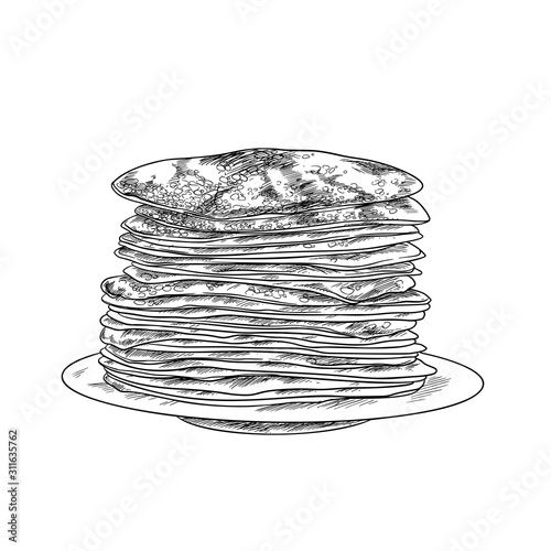 Stack of the pancakes on the plate, ink sketch