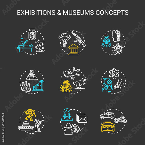 Museum exhibition chalk concept icons set. Ethnographical and biographical exposition. Medicine, science. Natural history. Open-air display idea. Vector isolated chalkboard illustration