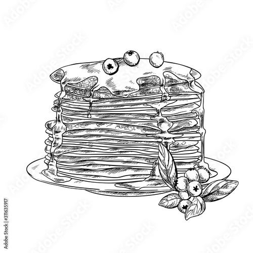 The stack of pancakes with honey and blueberries