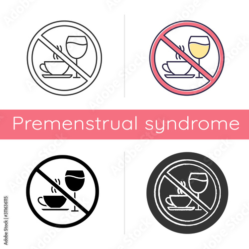 Caffeine and alcohol refusal icon. Deny wine and coffee. No unhealthy habits. Anxiety and insomnia prevention. Self-efficacy. Flat design, linear and color styles. Isolated vector illustrations