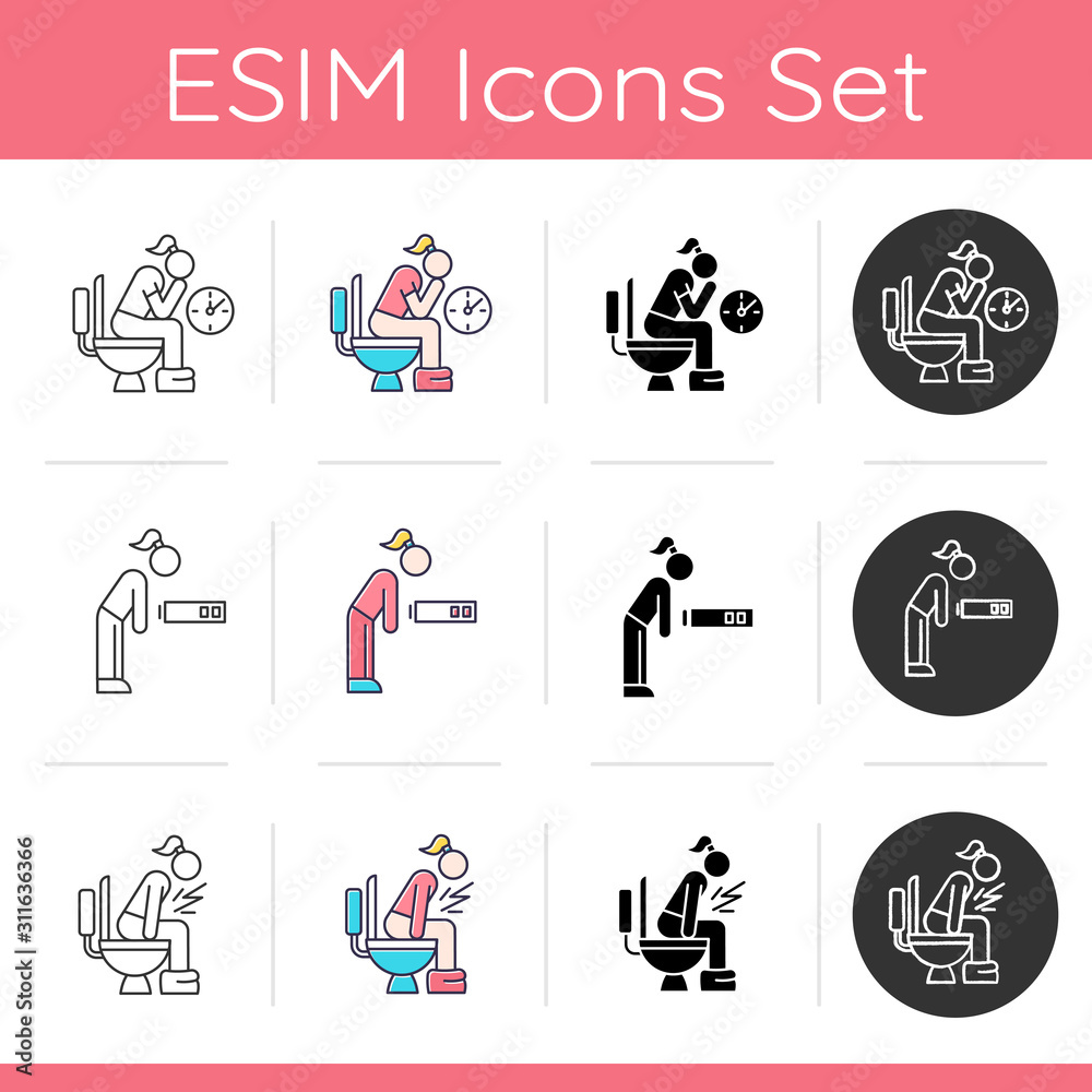 Straining Icon Constipation Predmenstrual syndrome icons set. Constipation and diarrhea. Fatigue ...