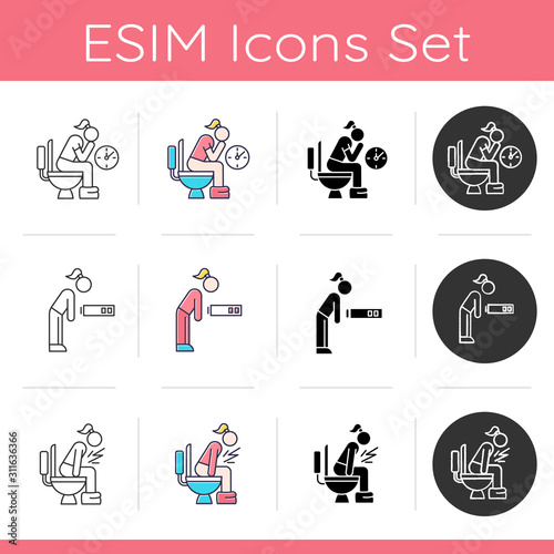 Predmenstrual syndrome icons set. Constipation and diarrhea. Fatigue and sleep deprivation. Overworked woman. Flat design, linear, black and color styles. Isolated vector illustrations