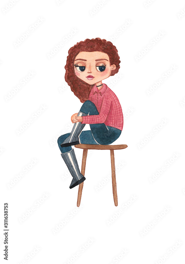 Watercolor cute character teenager girl with brown curly hair, with a choker on her neck, in a