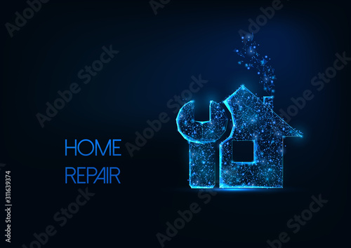 Futuristic home repair concept with glowing low polygonal house and wrench on dark blue background.