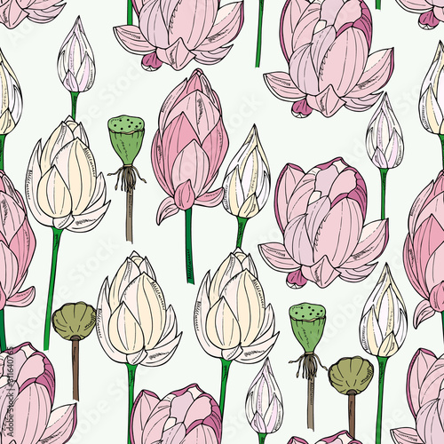 Seamless pattern with Delicate, exotic lotus flower . spring, summer Hand drawn background . floral pattern for wallpaper or textile.Sketch, Linart photo