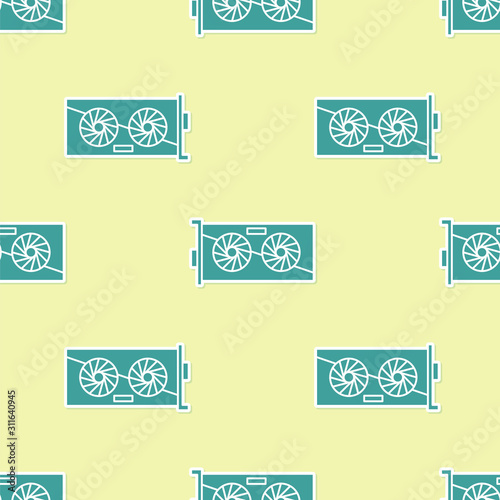 Green Video graphic card icon isolated seamless pattern on yellow background. Vector Illustration