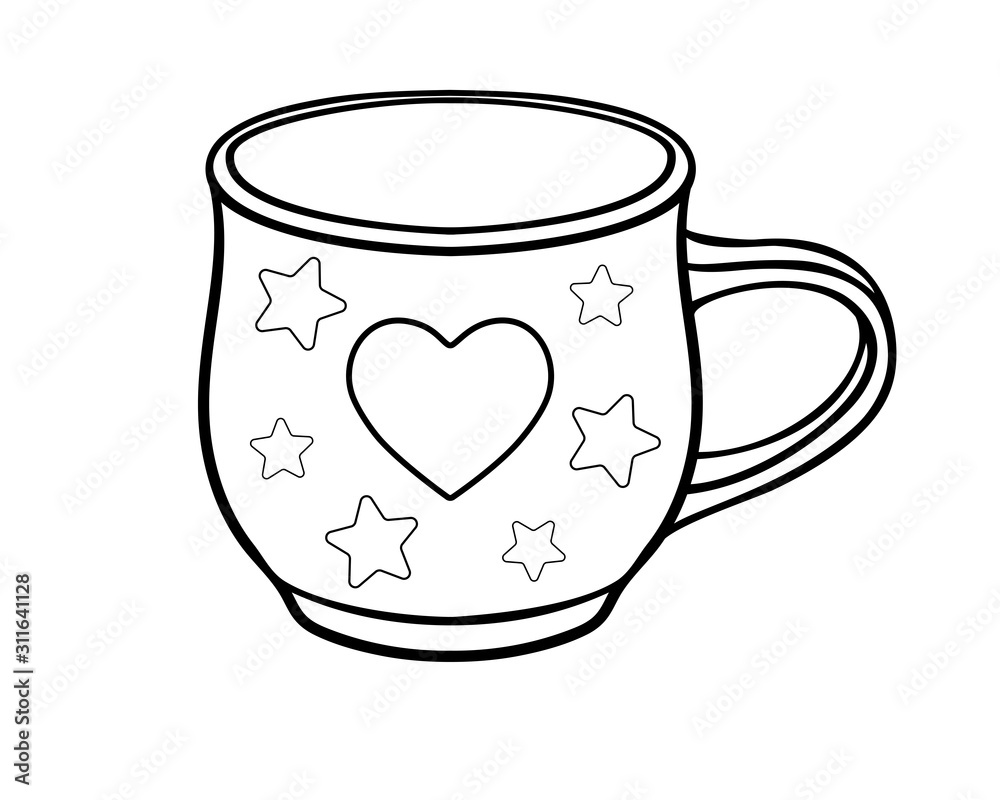 Small Cup with a picture of a heart and cute stars - coloring book - vector linear drawing for coloring. Cup - Valentine. Outline Small Cup with a picture of a heart and cute stars - coloring book - vector linear drawing for coloring. Cup - Valentine. Outline