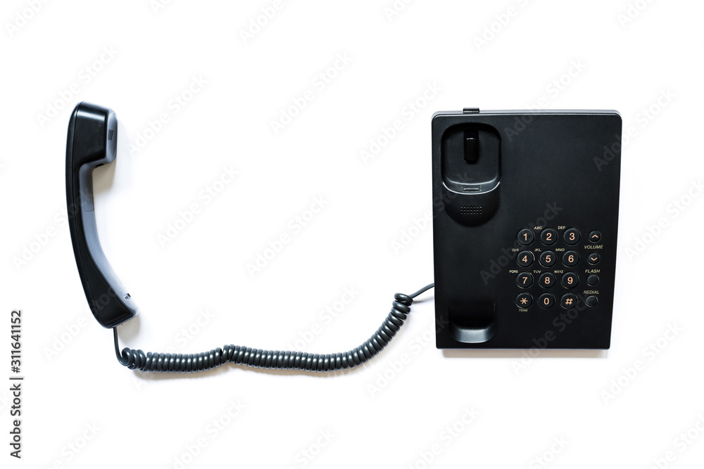 Simple modern push-button telephone of black color with a picked up handset isolated on a white background Simple modern push-button telephone of black color with a picked up handset isolated on a white background