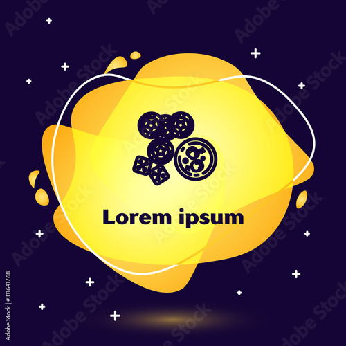 Black line Casino chips, game dice and glass of whiskey with ice cubes icon isolated on dark blue background. Casino poker. Abstract banner with liquid shapes. Vector Illustration