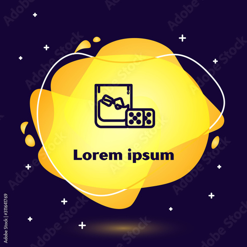 Black line Game dice and glass of whiskey with ice cubes icon isolated on dark blue background. Casino gambling. Abstract banner with liquid shapes. Vector Illustration