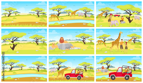 Africa expedition flat vector illustration. Safari exploration. Conservation in savannah. Giraffes and elephants. Tourist in car. Lion on rock. Observe landscape. People and animal cartoon characters