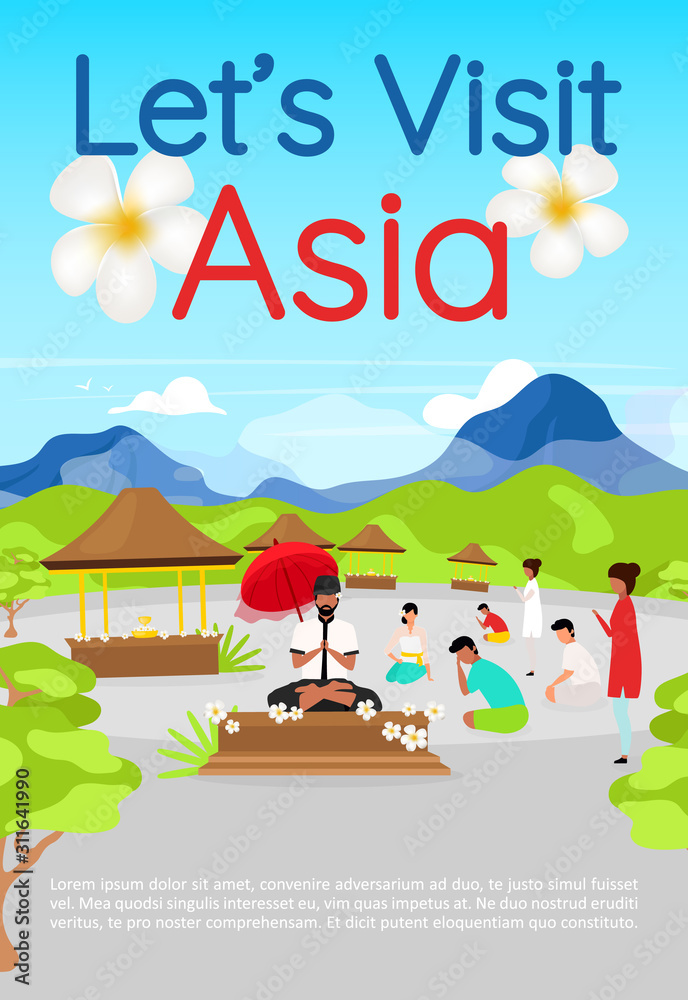 Lets visit Asia brochure template. Spiritual tourism. Flyer, booklet, leaflet concept with flat illustrations. Vector page cartoon layout for magazine. advertising invitation with text space