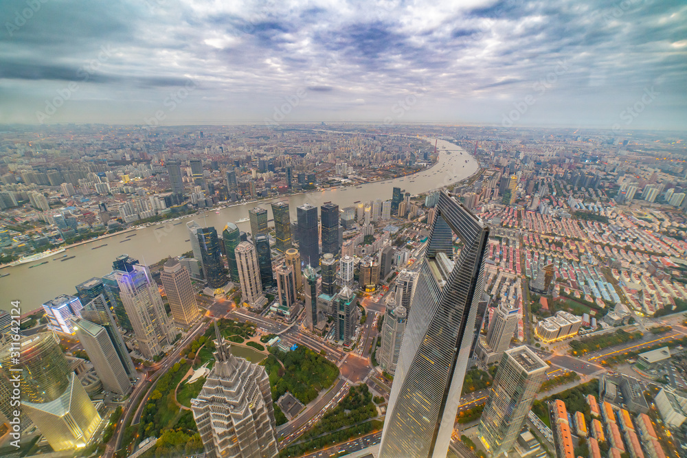 shanghai skyline cityscape, aerial view with traffic. China