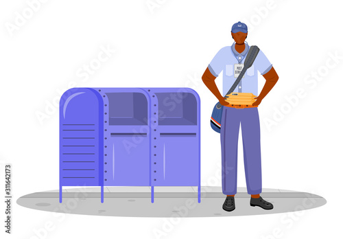 Post office male worker flat color vector illustration. African american man distributes parcels. Post service delivery. Putting letters in mailbox isolated cartoon character on white background