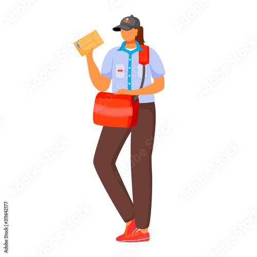 Post office female worker flat color vector illustration. Woman distributes parcels. Post service delivery. Woman in postal uniform and with bag isolated cartoon character on white background