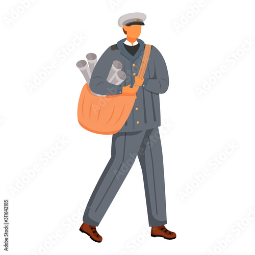 Post office male worker flat color vector illustration. Vintage dressed employee. Traditional post service unifrom. Paperboy with newspapers isolated cartoon character on white background