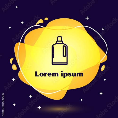 Black line Plastic bottle for liquid laundry detergent, bleach, dishwashing liquid or another cleaning agent icon isolated on blue background. Abstract banner with liquid shapes. Vector Illustration