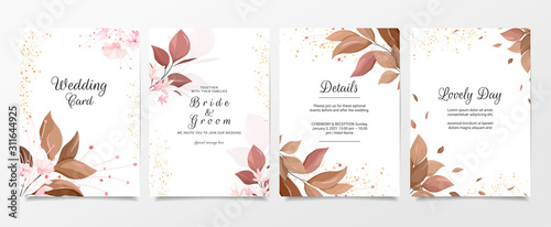 Romantic wedding invitation card template set with leaves decoration. Botanic illustration for background, save the date, invitation, greeting card, poster vector