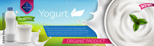 Natural Greek and drink Yogurt ads illustration with bowl of cream and blank packaging container in milk splash, 3d vector of yogurt bottle and jar ready for branding and product promotion