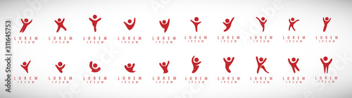 Abstract People Logo Set. Human Figure Isolated On Gray Background. Icons Collection For Human Success, Celebration Logo, Achievement Symbol And Activity. Different Happy People. Figure Logo, Vector