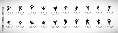 Abstract People Logo Set. Human Figure Isolated On Gray Background. Icons Collection For Human Success, Celebration Logo, Achievement Symbol And Activity. Different Happy People. Figure Logo, Vector