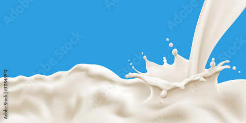 Splashing and flowing milk wave on blue background. Vector illustration for poster, brochure, label and product ad desing