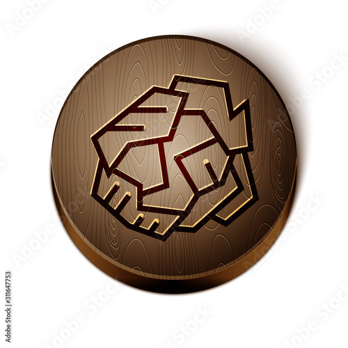 Brown line Crumpled paper ball icon isolated on white background. Wooden circle button. Vector Illustration