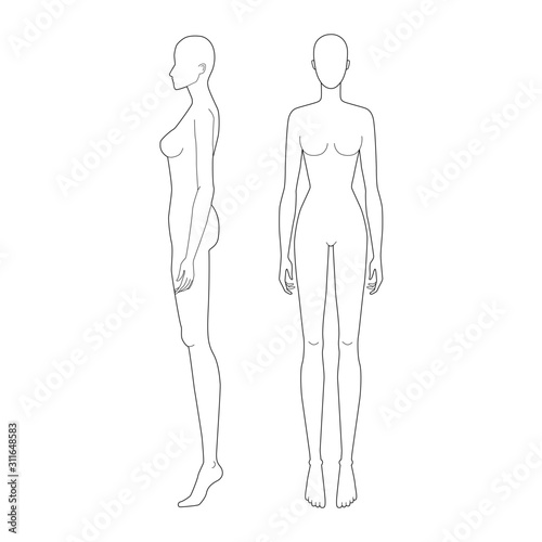 Fashion template 9 head for technical drawing.