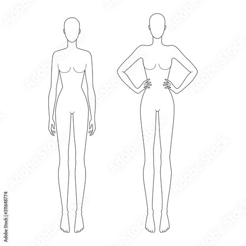 Fashion template 9 head for technical drawing.