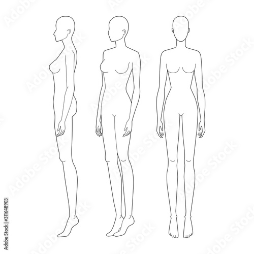 Fashion template 9 head for technical drawing.