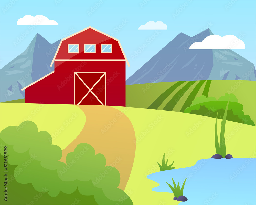 Vector illustration of a farm with green field and blue lake, garner and trees