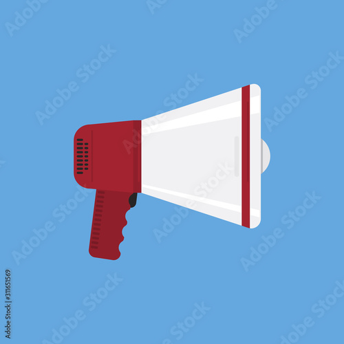 Flat Design Megaphone on iSolated Blue Background. Vintage Contemporary Communicate iNstrument